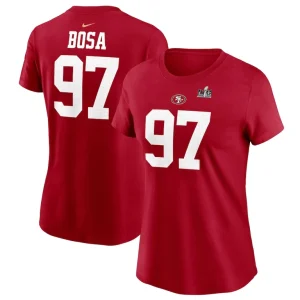 Nick bosa san francisco 49ers nike womens super bowl lviii patch player name number t shirt Scarlet