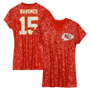 Patrick mahomes kansas city chiefs girls youth sequin player name number v neck dress Red
