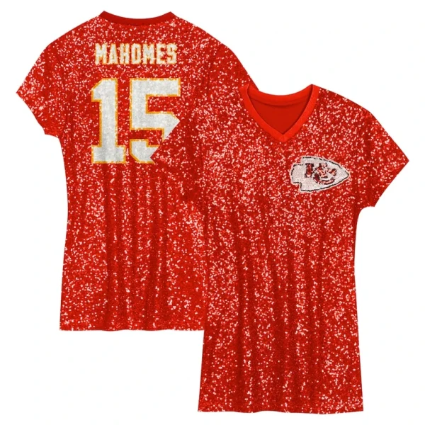 Patrick mahomes kansas city chiefs girls youth sequin player name number v neck dress Red