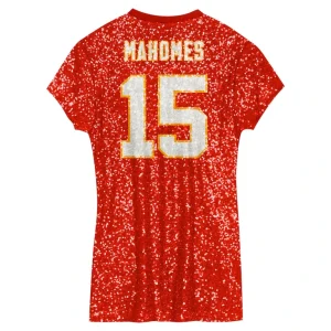 Patrick mahomes kansas city chiefs girls youth sequin player name number v neck dress Red Yth L