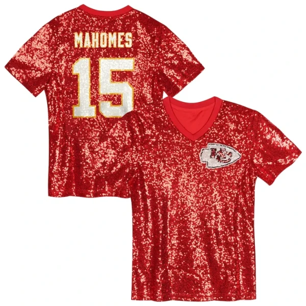 Patrick mahomes kansas city chiefs girls youth sequin v neck fashion jersey Red