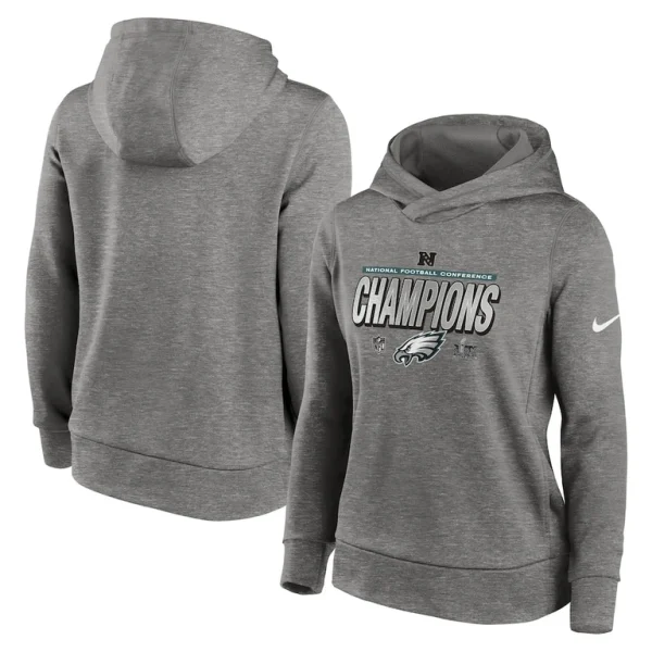 Philadelphia eagles nike womens 2024 nfc champions locker room trophy collection therma fleece pullover hoodie Heather gray