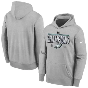 Philadelphia eagles nike youth 2024 nfc champions locker room trophy collection fleece pullover hoodie Heather gray