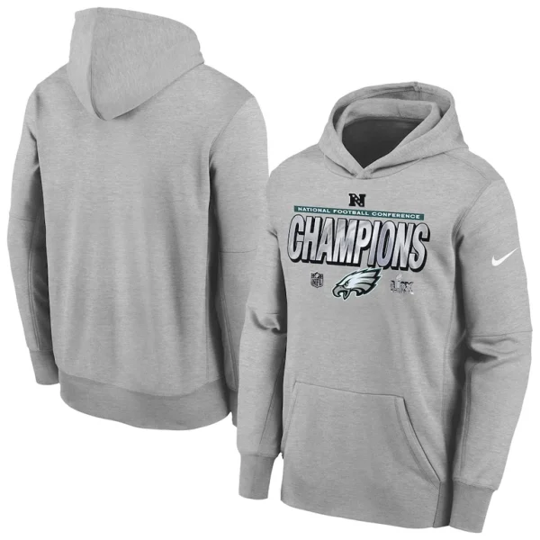 Philadelphia eagles nike youth 2024 nfc champions locker room trophy collection fleece pullover hoodie Heather gray
