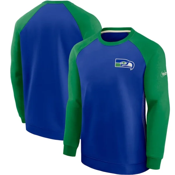 Seattle seahawks nike historic raglan crew performance sweater Royalgreen