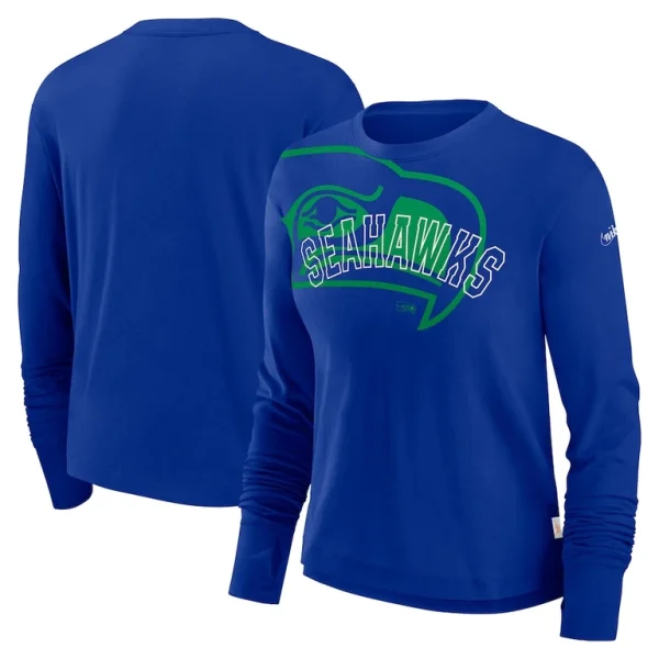 Seattle seahawks nike womens layered logo cropped long sleeve fashion t shirt Royal