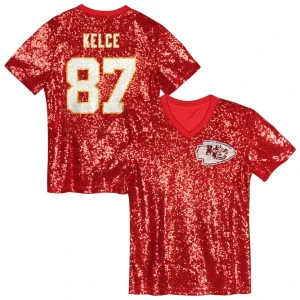 Travis kelce kansas city chiefs girls youth sequin v neck fashion jersey Red