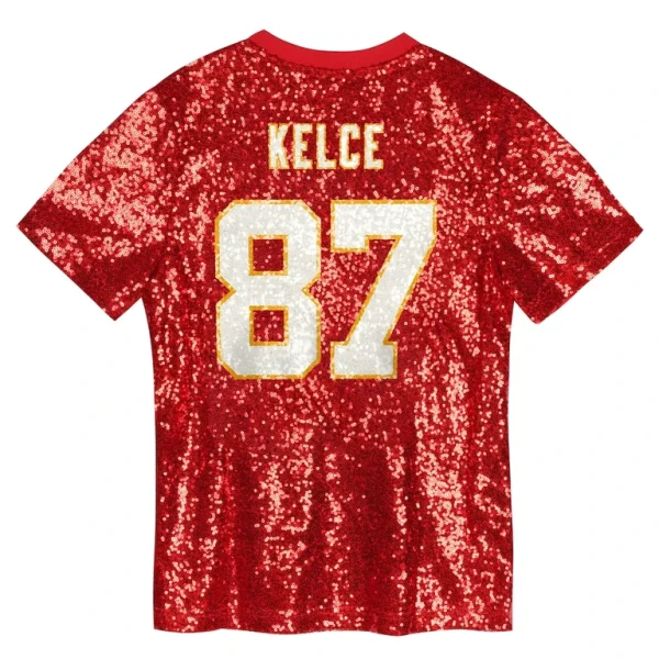 Travis kelce kansas city chiefs girls youth sequin v neck fashion jersey Red Yth L