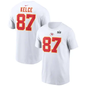 Travis kelce kansas city chiefs nike super bowl lviii patch player name number t shirt White