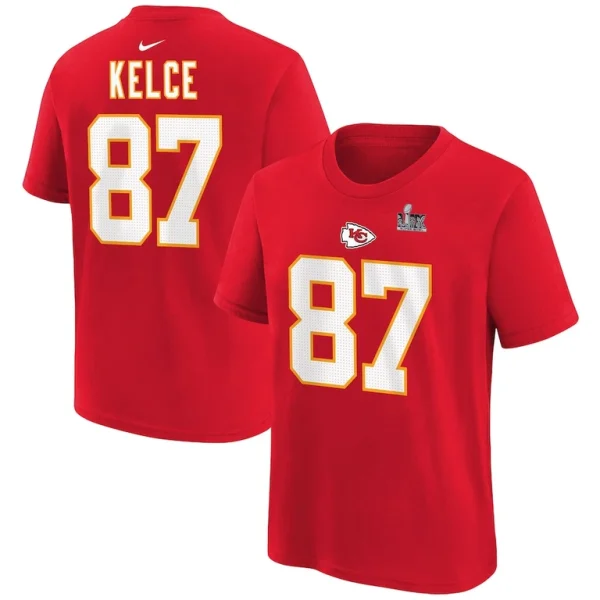 Travis kelce kansas city chiefs nike youth super bowl lix player name number t shirt Red