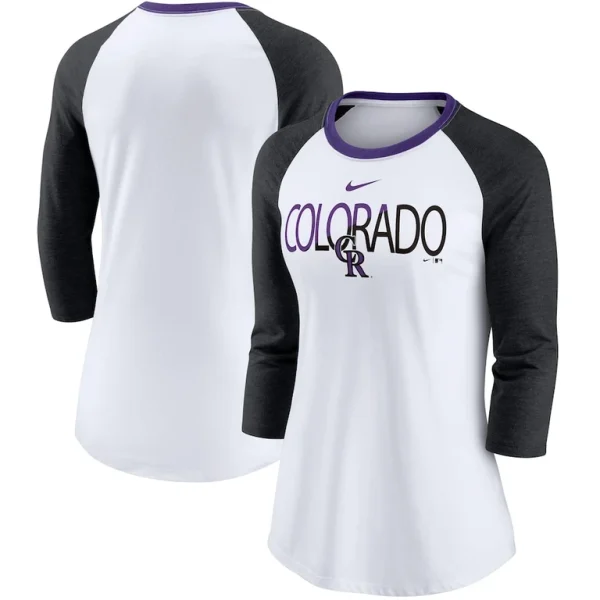 Colorado rockies nike womens color split tri blend 34 sleeve raglan t shirt Whiteheathered black