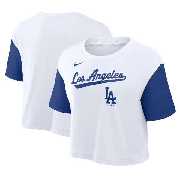 Los angeles dodgers nike womens script cropped performance t shirt Whiteroyal
