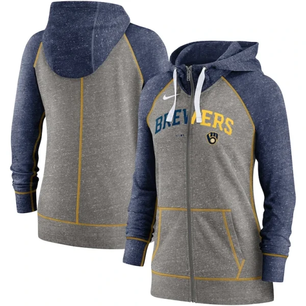 Milwaukee brewers nike womens split wordmark gym vintage raglan lightweight full zip hoodie Heather charcoalheather navy