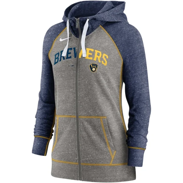 Milwaukee brewers nike womens split wordmark gym vintage raglan lightweight full zip hoodie Heather charcoalheather navy S