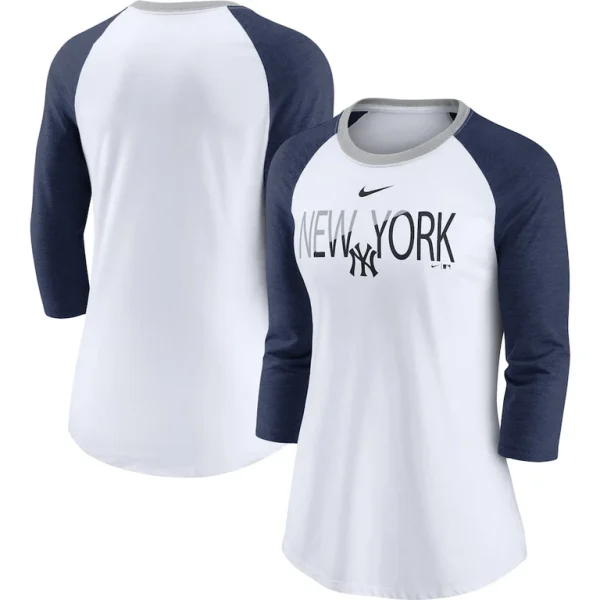 New york yankees nike womens color split tri blend 34 sleeve raglan t shirt Whiteheathered navy