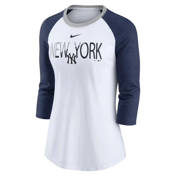 New york yankees nike womens color split tri blend 34 sleeve raglan t shirt Whiteheathered navy S