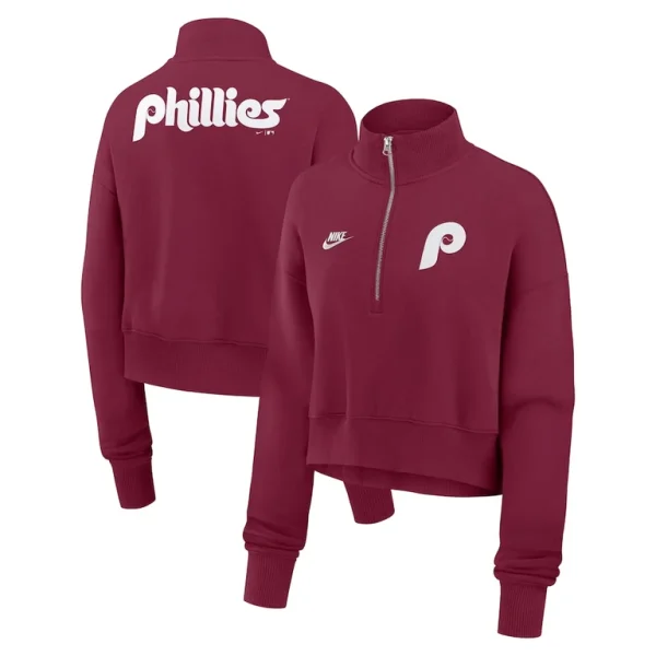 Philadelphia phillies nike womens cooperstown collection phoenix fleece half zip sweatshirt Burgundy